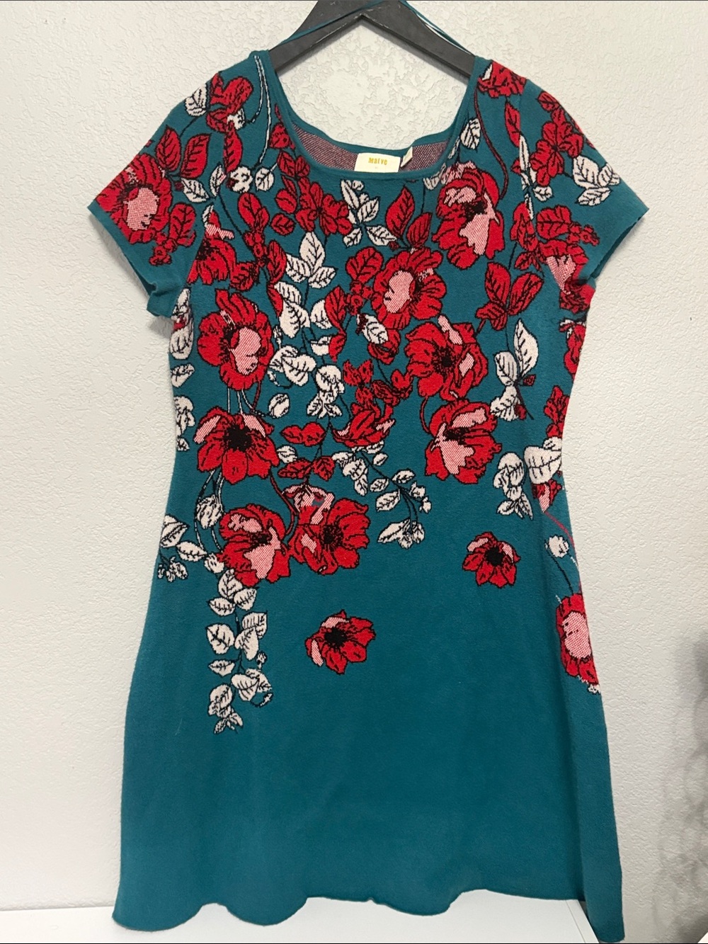 Anthropologie Maeve Allison Floral Sweater Dress XL Teal Red Poppy Knit